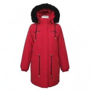 Damselle Vintage Retro Red Parka Jacket Removable Faux Fur Trim Hood Coat XL
